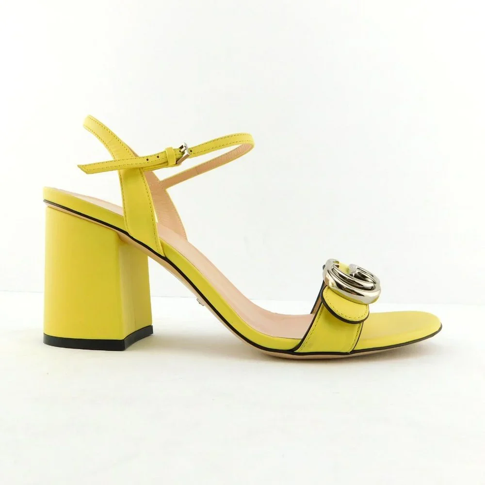 GUCCI GG Logo Sunflower Yellow Leather Ankle Strap Block Heel Sandals 38 - Picture 2 of 11